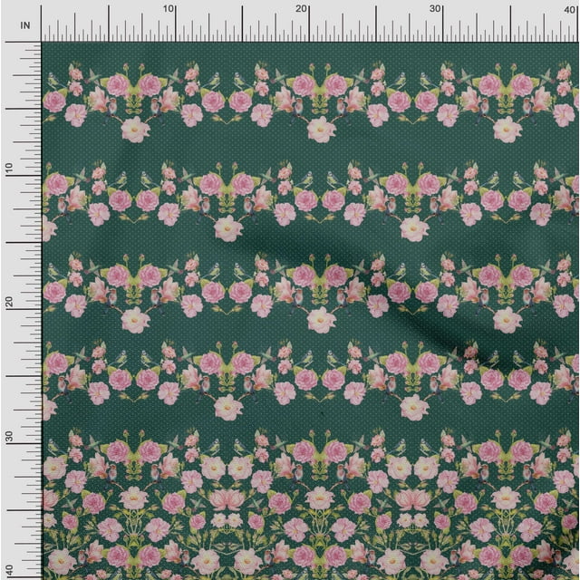 Soimoi Green Poly Georgette Fabric Flowerpecker & Floral Panel Print Fabric by Yard 42 Inch Wide