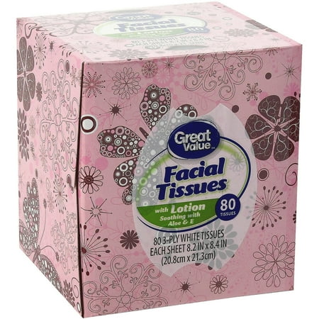 Great Value Facial Tissues with Lotion, 8.2" X 8.4", 80 Count