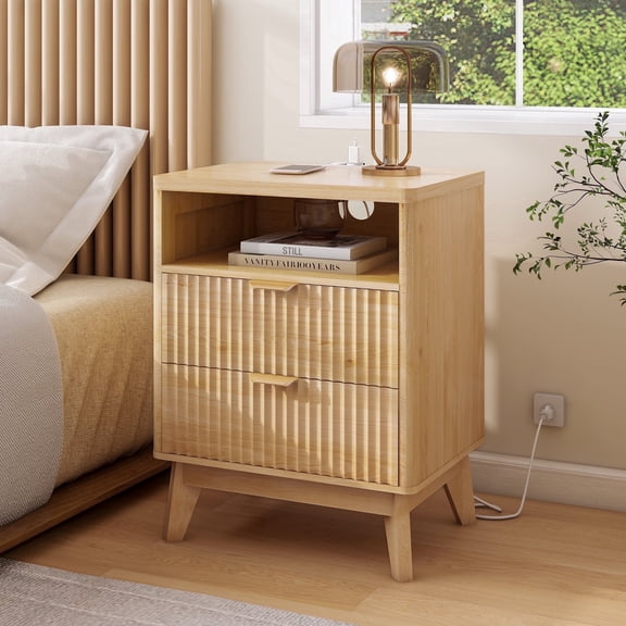 Roofar Fluted Nightstand with Charging Station, Modern Bed Sidetable with 2-Drawer and 1 Open Shelf Storage for Bedroom,Natural Oak