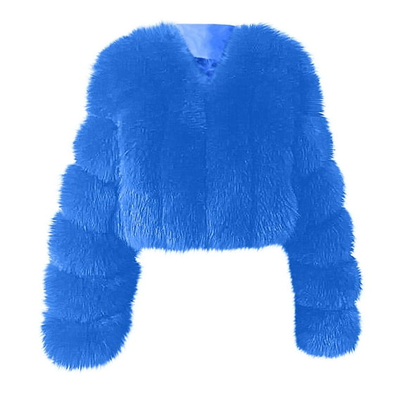 Women Fluffy Faux-Fur Coat Long Sleeve Cropped Puffer Jacket Winter Warm Fuzzy Loose Solid Color Outerwear (Blue L)