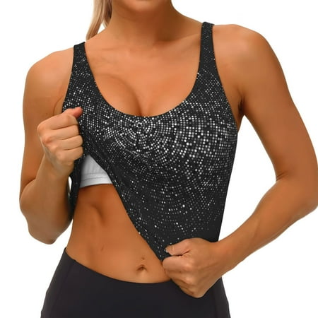 Qokaie Black And White Dotted Pattern Womens Scoop Neck Sports Bra Breathable Workout Vest Padded U Back Medium Impact Fitness Gym Yoga Bra Workout Crop Top