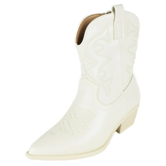 TOP MODA Women Cowgirl Cowboy Western Stitched Ankle Boots Pointy Toe Booties Side Zipper Off White Cream Ivory 7
