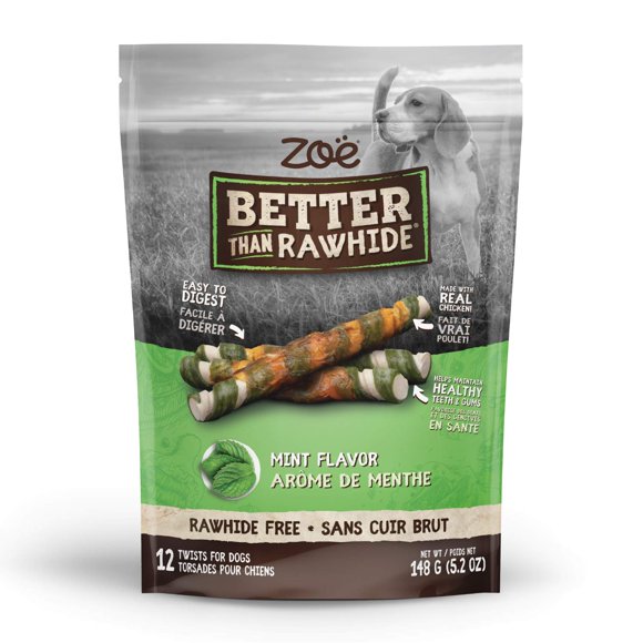 Zoe Meilleures Que les Torsades de Peau Brute pour Chiens, Saveur Menthe, Lot de 12 (5.2 oz)