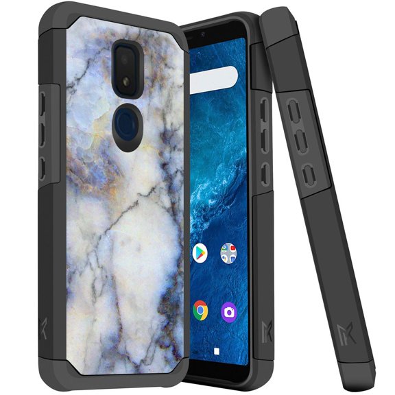 ANJ  Slim Dual Layer Hybrid Shockproof Case   Tempered Glass Cover for Cricket Icon 3, Splendor, AT&T Motivate 2 - White Marble Pattern