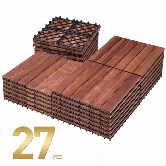 27Pcs Acacia Wood Interlocking Patio Deck Tiles, 12 x 12 x 1 Inch Outdoor Flooring Waterproof for for Patio Balcony Backyard Porch, Brown