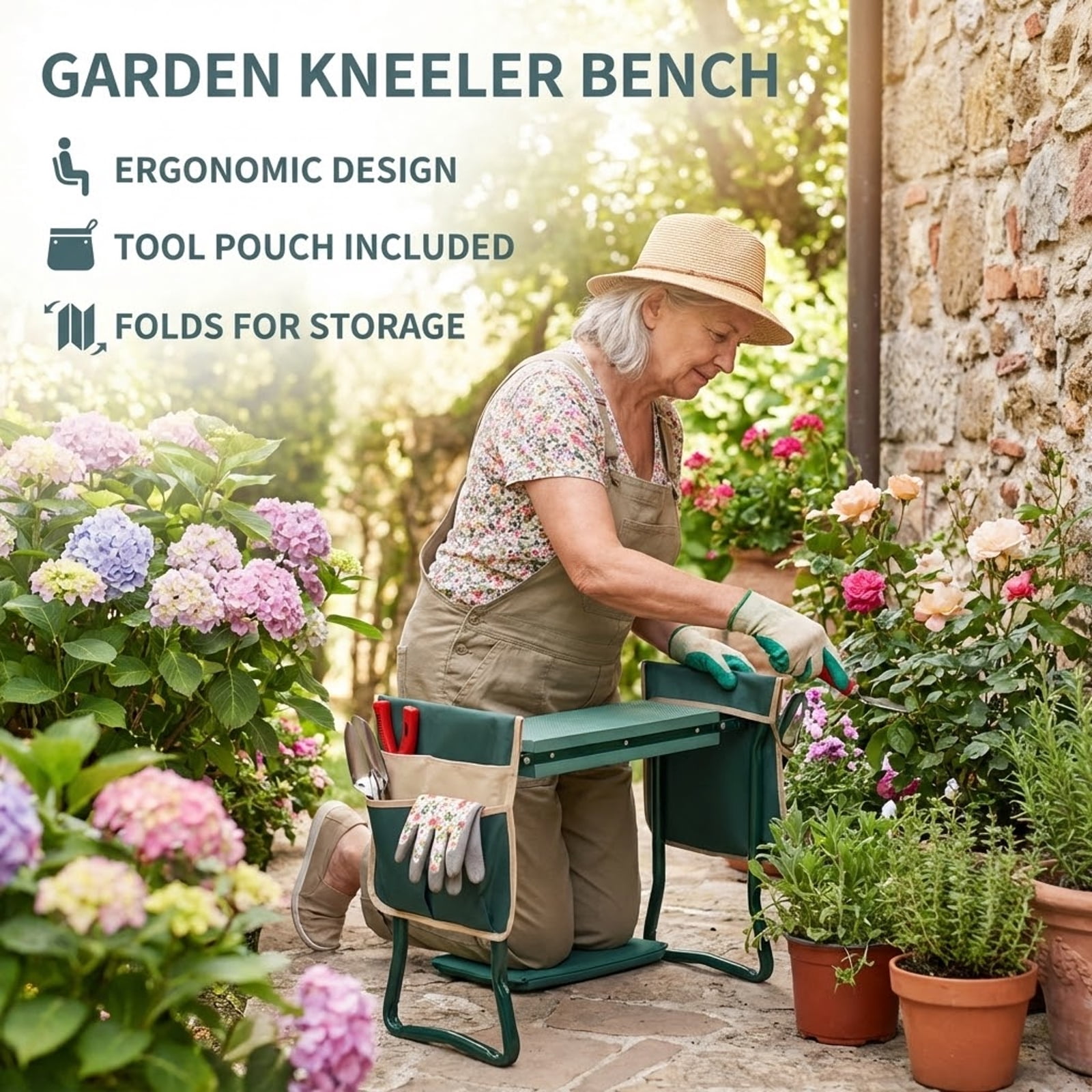 Biotree Folding Garden Kneeler and Seat Bench with EVA Foam Pad and Tool Pouches 330 lbs Capacity Steel Frame Green - Portable Outdoor Gardening Stool