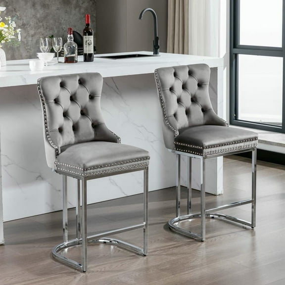 Spaco 26" Counter Height Bar Stools Set of 2, Modern Velvet Barstools with Button Back, Upholstered Kitchen Island Chairs with Sturdy Chromed Metal Base Legs, Farmhouse Bar Stools for Indoor, Gray