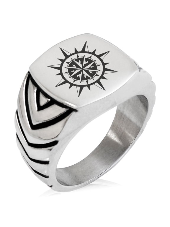 Stainless Steel Nautical Concentric Compass Chevron Pattern Biker Style Polished Ring