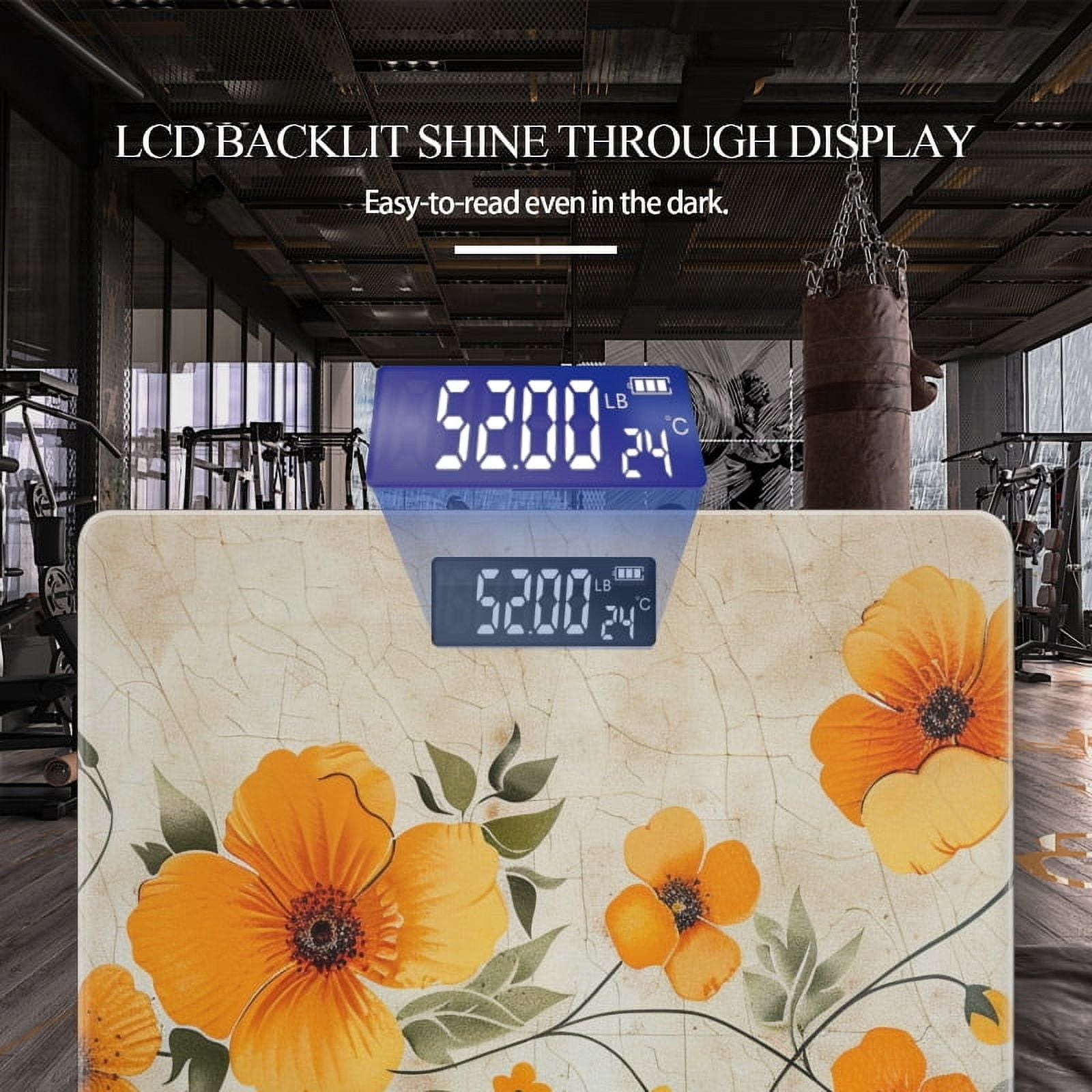 High Precision Body Weight Scale Smart Bathroom Scales with Large LCD Display(400lbs),Decorative for Bedroom-Vintage Orange Floral Painted On Cracked Surface