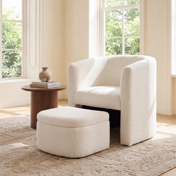 AFO Boucle Fabric Barrel Chair with Storage Ottoman, Cozy Armchair Accent Chair Set of 1 for Living Room and Bedroom, Cream