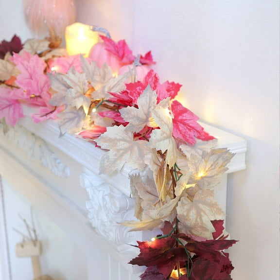 Moocorvic Fall Maple Leaf Garland with Lights, 5.64ft Thanksgiving Decoration Hanging Artificial Garland for Party Wedding Fireplace Proch Indoor