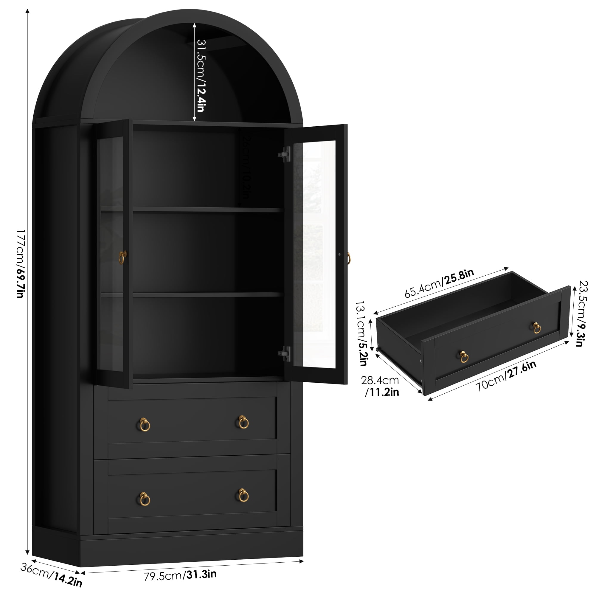 Hiphuta 70" Tall Arched Kitchen Pantry Storage Cabinet with Glass Doors, Freestanding Modern Farmhouse Hutch Cupboard with 2 Large Drawers, for Kitchen Dining Room, Black