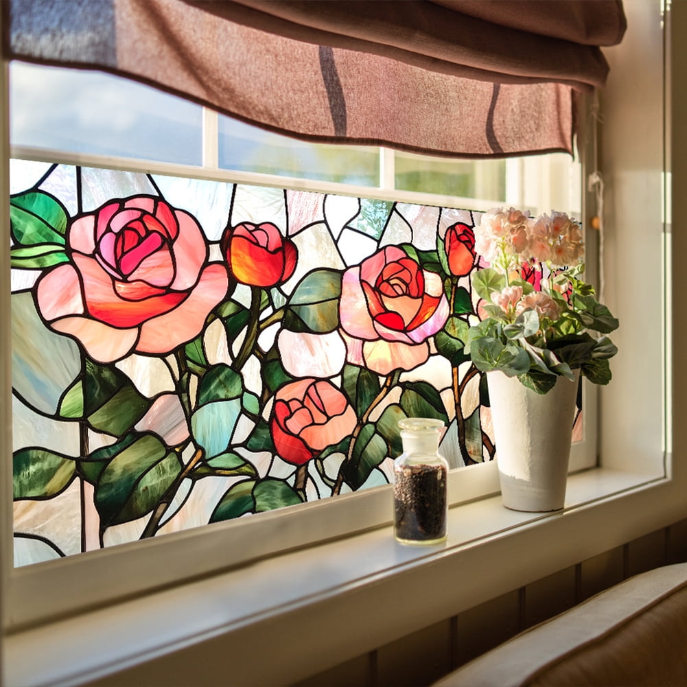 Stained Glass Window Film, Flower Static Cling Window Privacy Film Decorative UV Sun Blocking Non-Adhesive Glass Window Covering for Home Bathroom