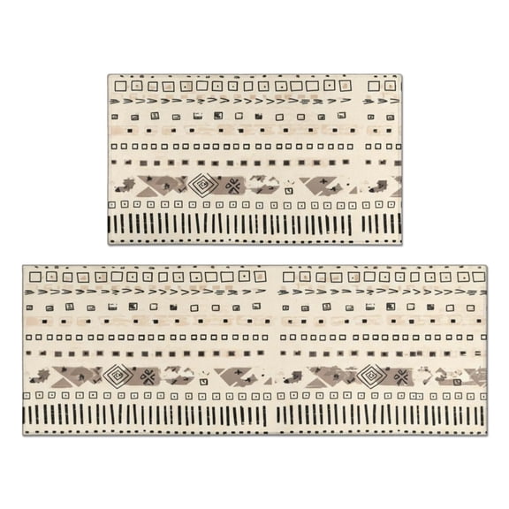 Geometric Stripe Beige Pattern Anti Fatigue Kitchen Rugs Set Of 2, Non Slip Washable Decorative Floor Mats for Kitchen Sink Laundry, 17"x30" and 17"x47"