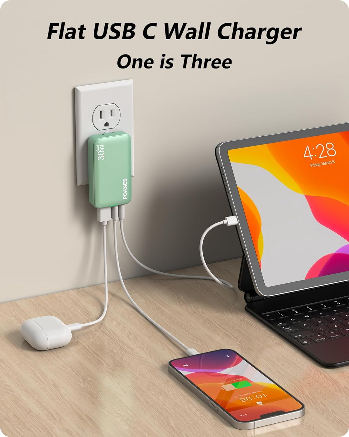 30W USB C Charger, Flat USB Wall Charger with USB C and USB A Ports, Super Thin USB Wall Plug for MacBook Pro/Air/iPad Pro, iPhone 15/14/13/12 and Galaxy S23,S22 etc (Green-30W)