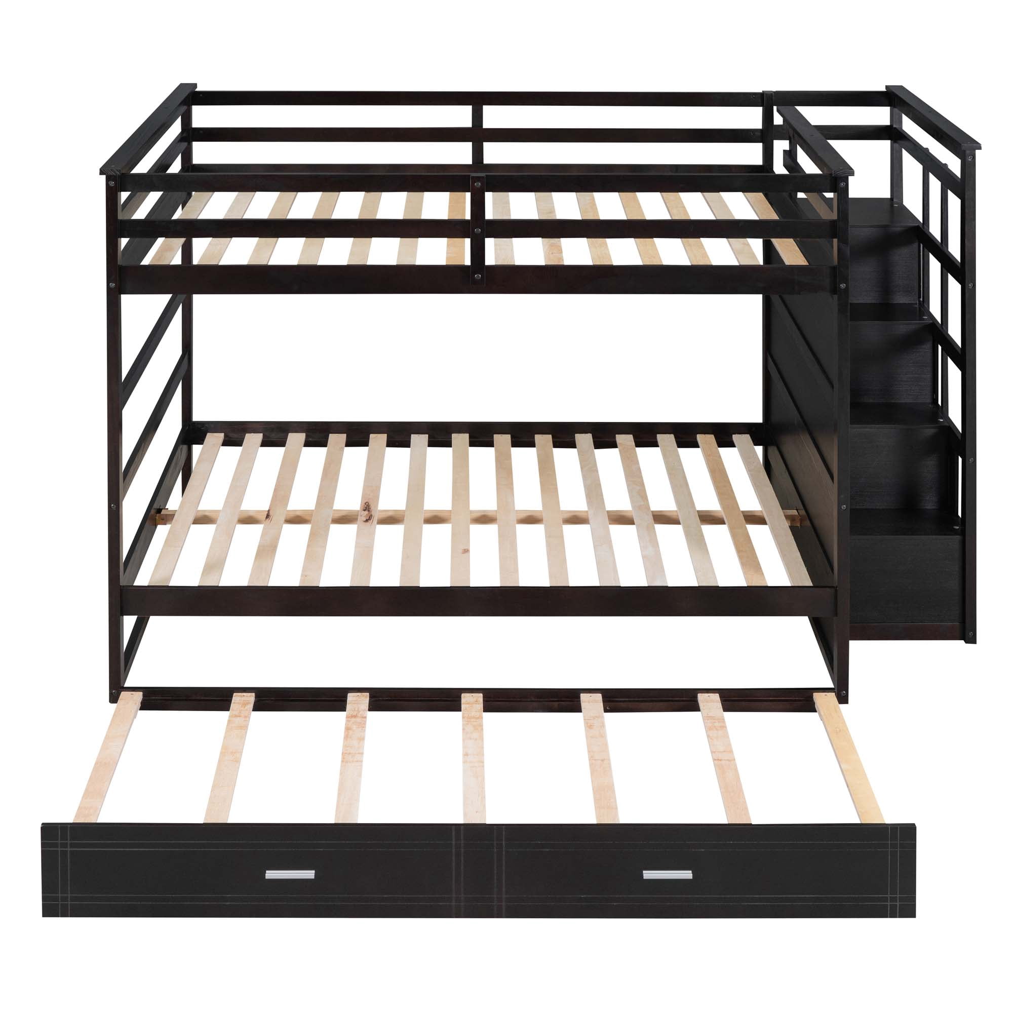 Aukfa Full over Full Bunk Bed with Trundle and Staircase, Wood Bunk Bed with 4 Storage Drawers for Kids, Teens - Espresso