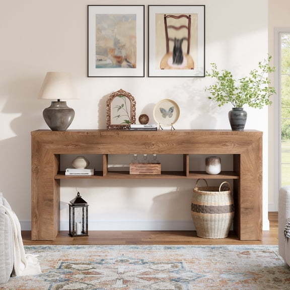 Romorgniz 63'' Long Console Table Wooden Sofa Table Behind Couch Farmhouse Entryway Table with Storage Shelves, Light Brown