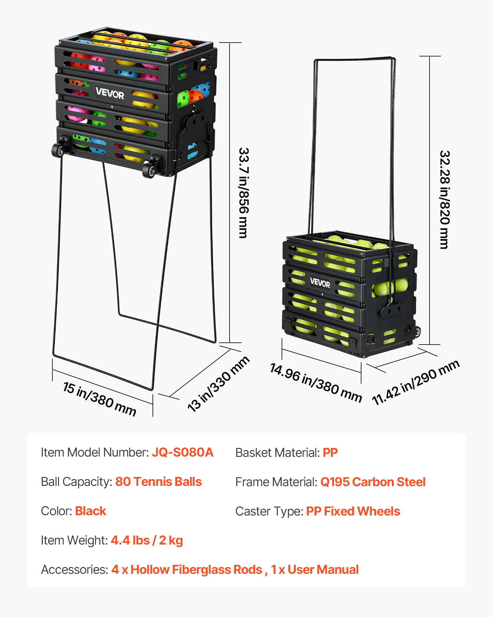 VEVOR Tennis Ball Hopper, Holds 80 Tennis Balls, Pickleball Basket Cart with Wheels for Easy Pick Up, Portable Pickleball Collection Caddy with Heavy-Duty Construction, for Training Carrying Storage