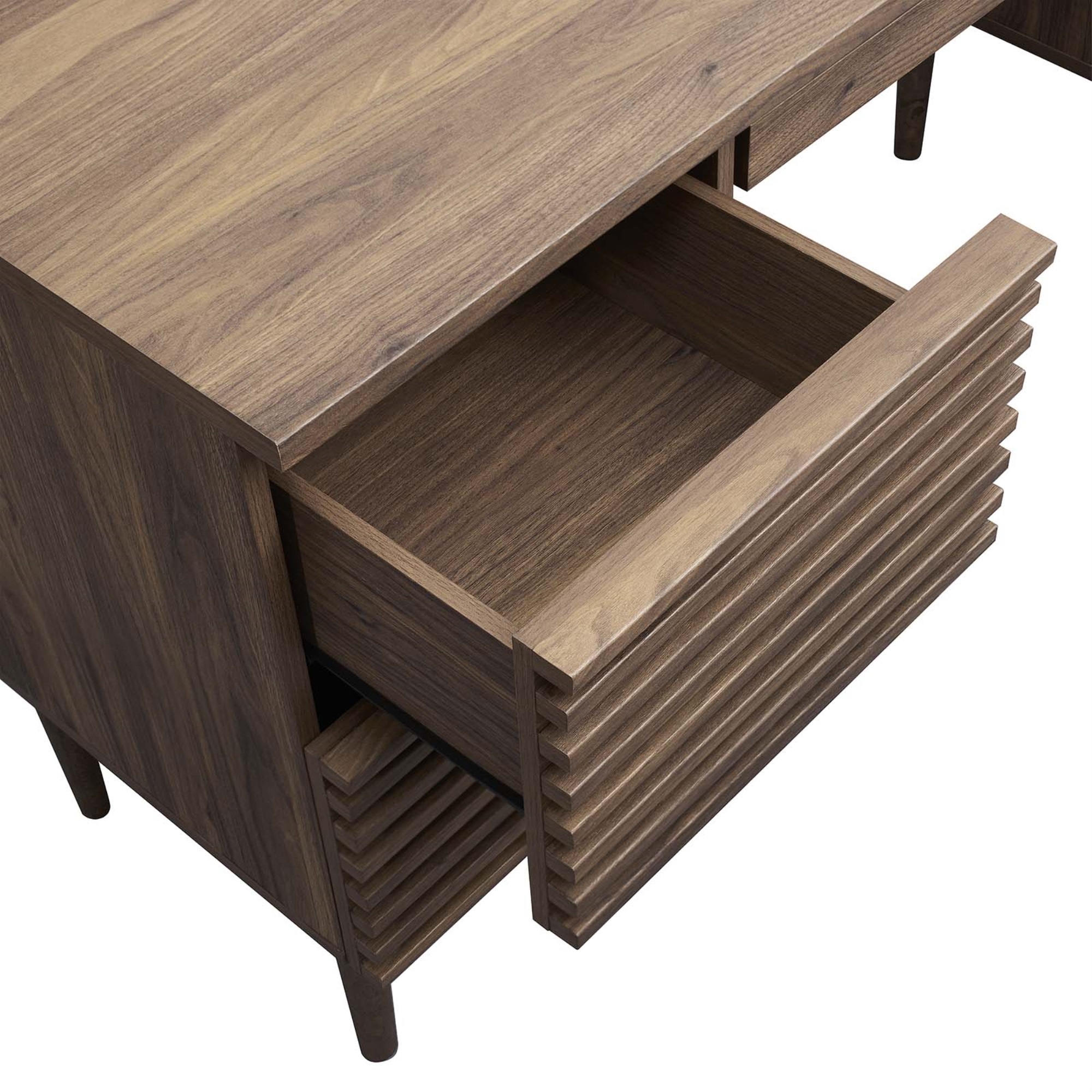 Mid-Century Walnut Office Desk with Keyboard Tray and Storage Drawers