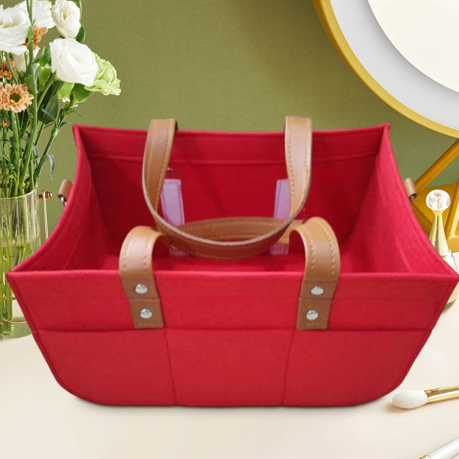 Weloille Felt Diaper Bag 33x15x18cm Foldable Storage Organizer, Gray with Brown Leather Handle, Portable Multifunctional Changing Station for Baby Care Essentials and Breast Pump Accessories