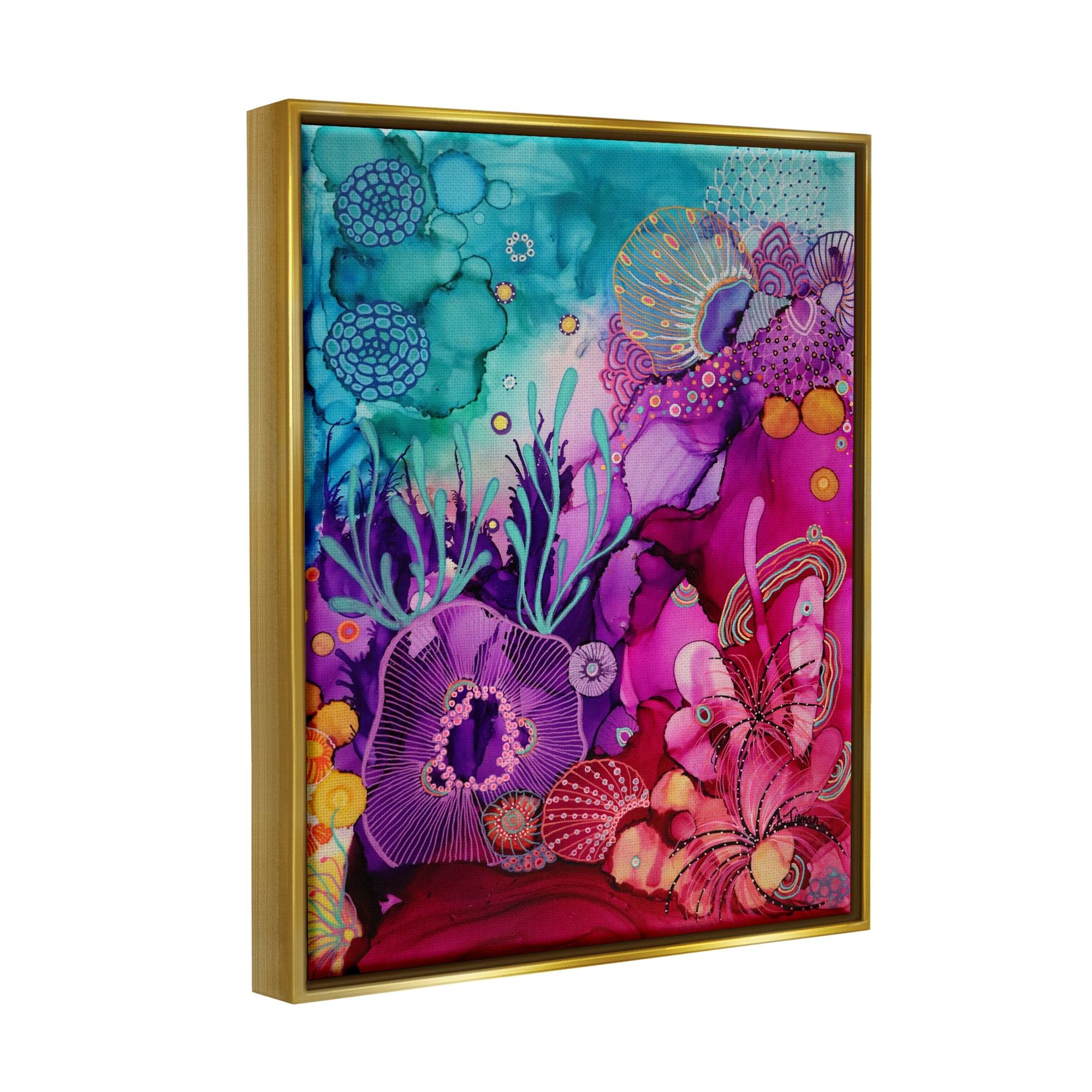 Stupell Industries Abstract Coral Pattern Abstract Painting Gold Floater Framed Canvas Art Print Wall Art, 25 x 31