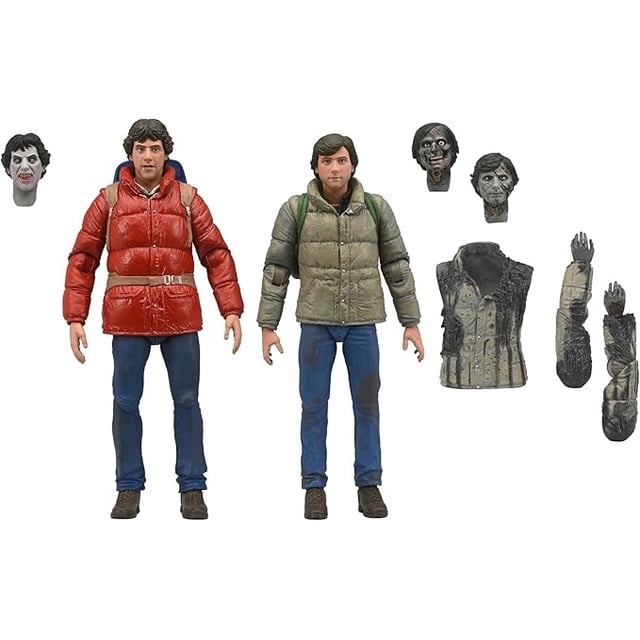 neca jack & david ultimate 2-pack american werewolf Set coleccionable de 2 figuras articuladas NECA: Jack (chaqueta roja acolchada) y David (chaqueta verde acolchada) en vista frontal, con pantalones azules y botas; incluye cabezas intercambiables, torso lupino desmontable, brazos y manos adicionales texturizados para recrear escenas icónicas; ideal para dioramas y exhibición.