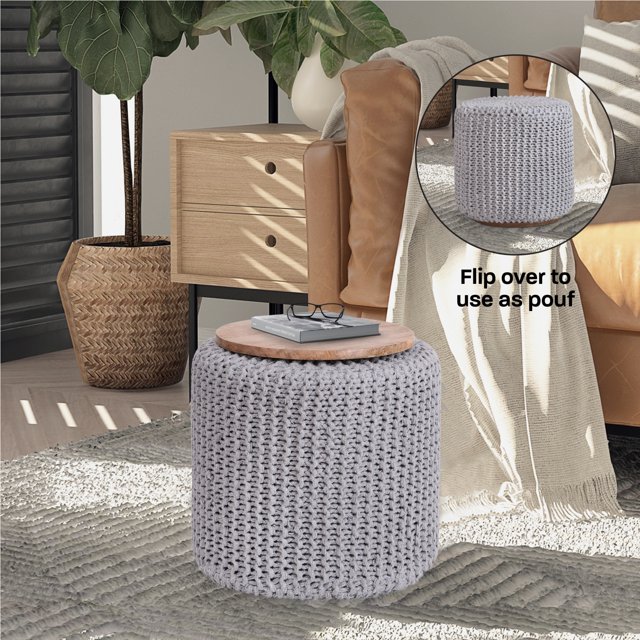 Loft Lyfe Ezio Fil de Coton 3-en-1 Pouf/pouf/table d'Extrémité, Gris Clair
