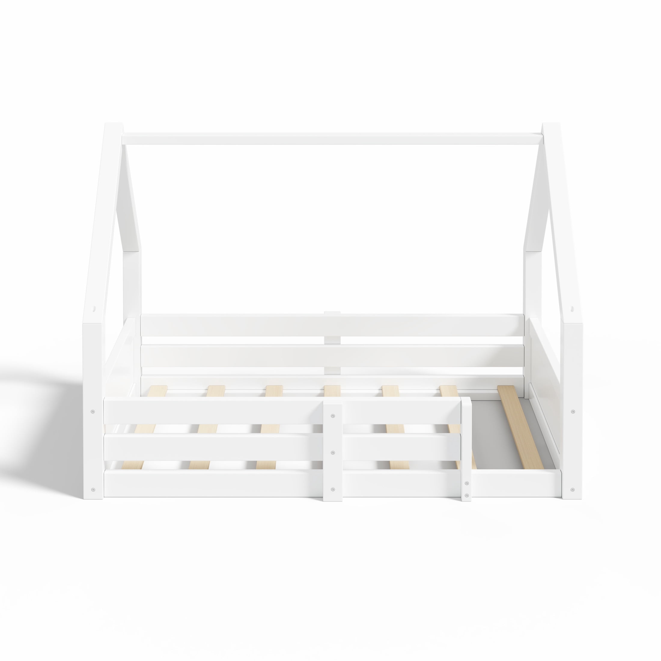 Noble House Salma Twin Size House Floor Wooden Bed with Roof Frame & Grooved Panels, Safety Guardrails, White