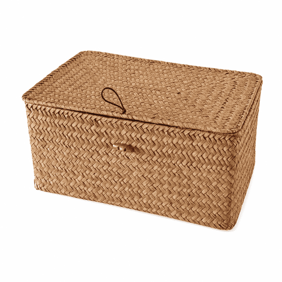 Beloadence Large Wicker Storage Basket with Lid, Natural Rattan Organizer for Shelves and Desk, 32x22x15cm Multipurpose Woven Box for Cosmetics, Jewelry, Snacks, and Home Organization