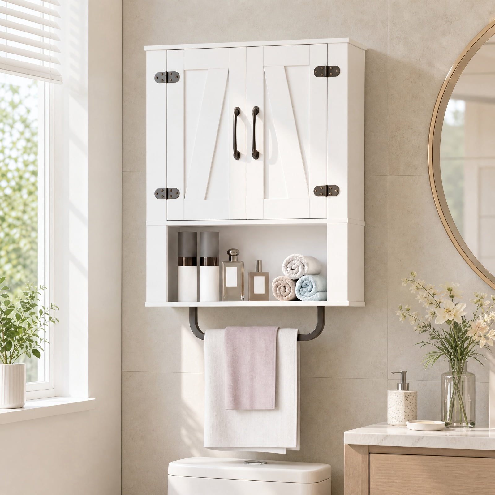Vebreda Bathroom Wall Cabinet with 2 Sliding Barn Doors & Towel Bar, 3-Tier Farmhouse Wall-Mounted Storage Organizer with Open Shelves, White