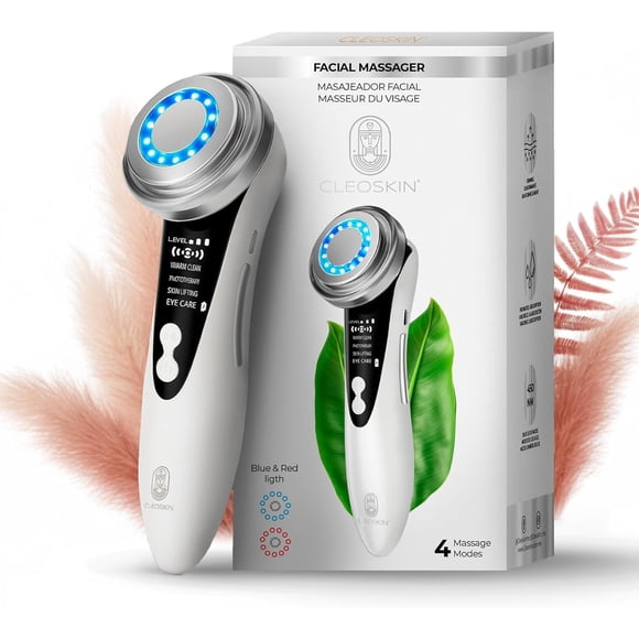 CLEOSKIN Masajeador Facial de Fototerapia LED Roja/Azul | Warm Clean, Lifting y Cuidado de Ojos | Limpieza Profunda, Antiarrugas y Poros | Portátil Recargable USB