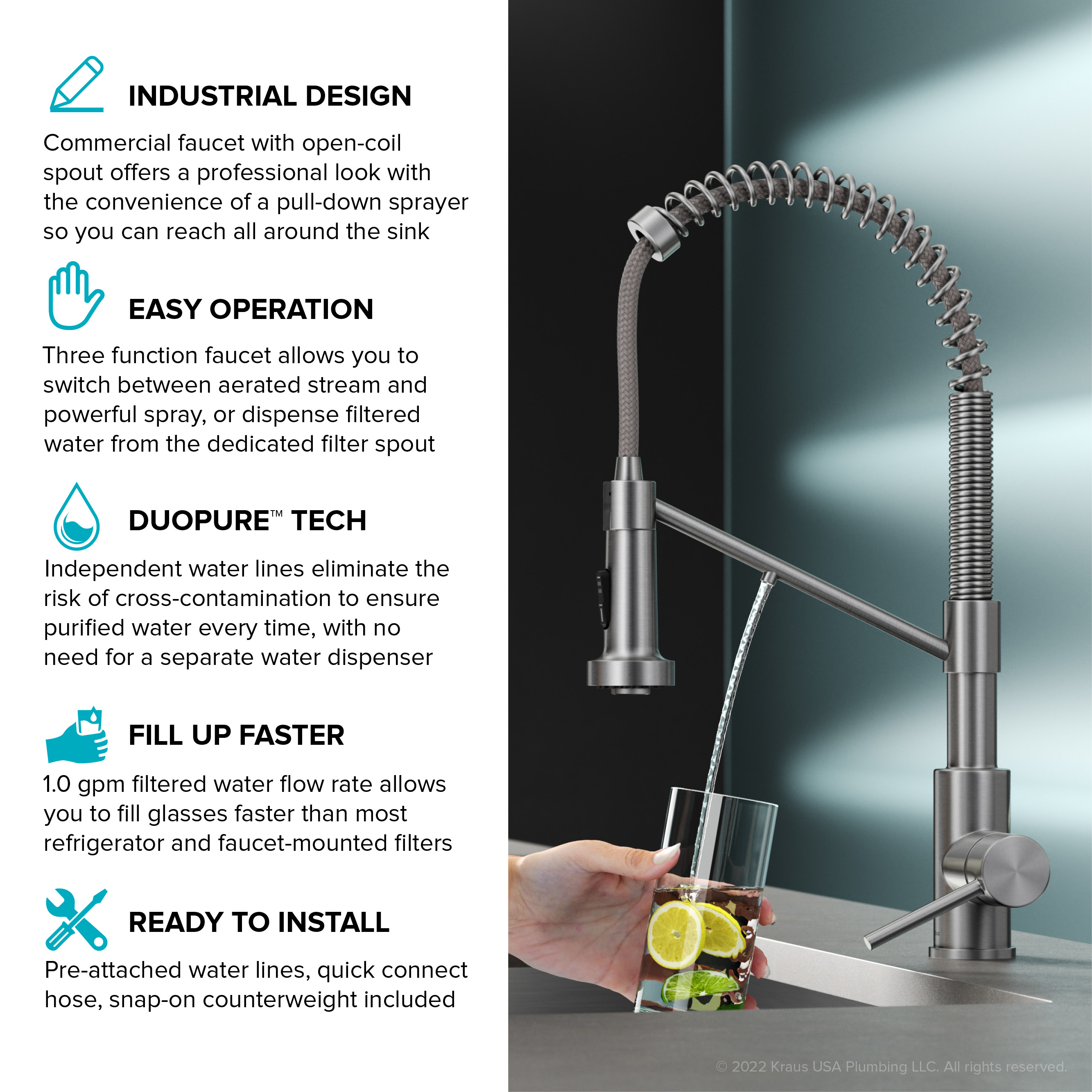 KRAUS Bolden 2-in-1 Commercial Style Pull-Down Single Handle Water Filter Kitchen Faucet for Reverse Osmosis or Water Filtration System in Brushed Brass/Matte Black - image 5 of 21