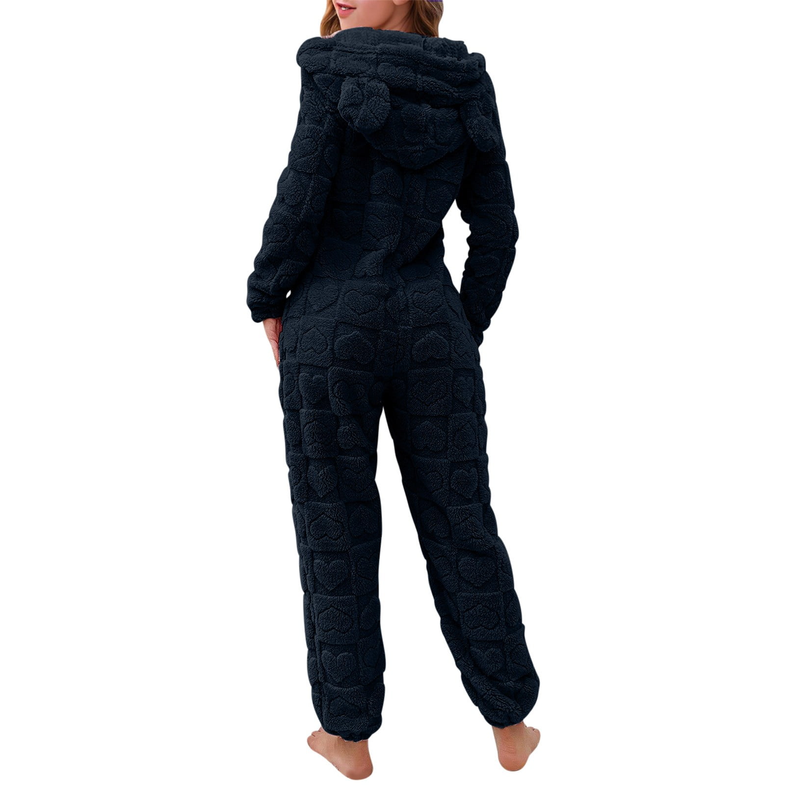 BiZtdJrK Women's Furry Sherpa Onesie Pajamas Fashion Heart Jacquard Jumpsuits Cute Ear Hood Romper Lounge Sleepwear, Navy, L