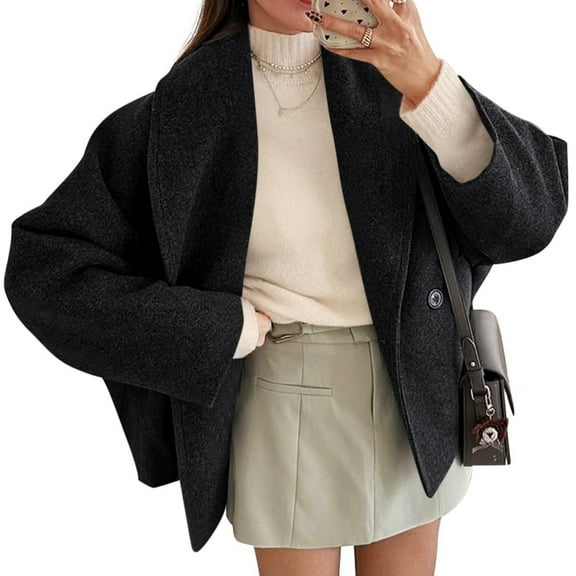 Women's Cropped Pea Coat Oversized Wool Blend Cropped Lapel Double Breasted Coat