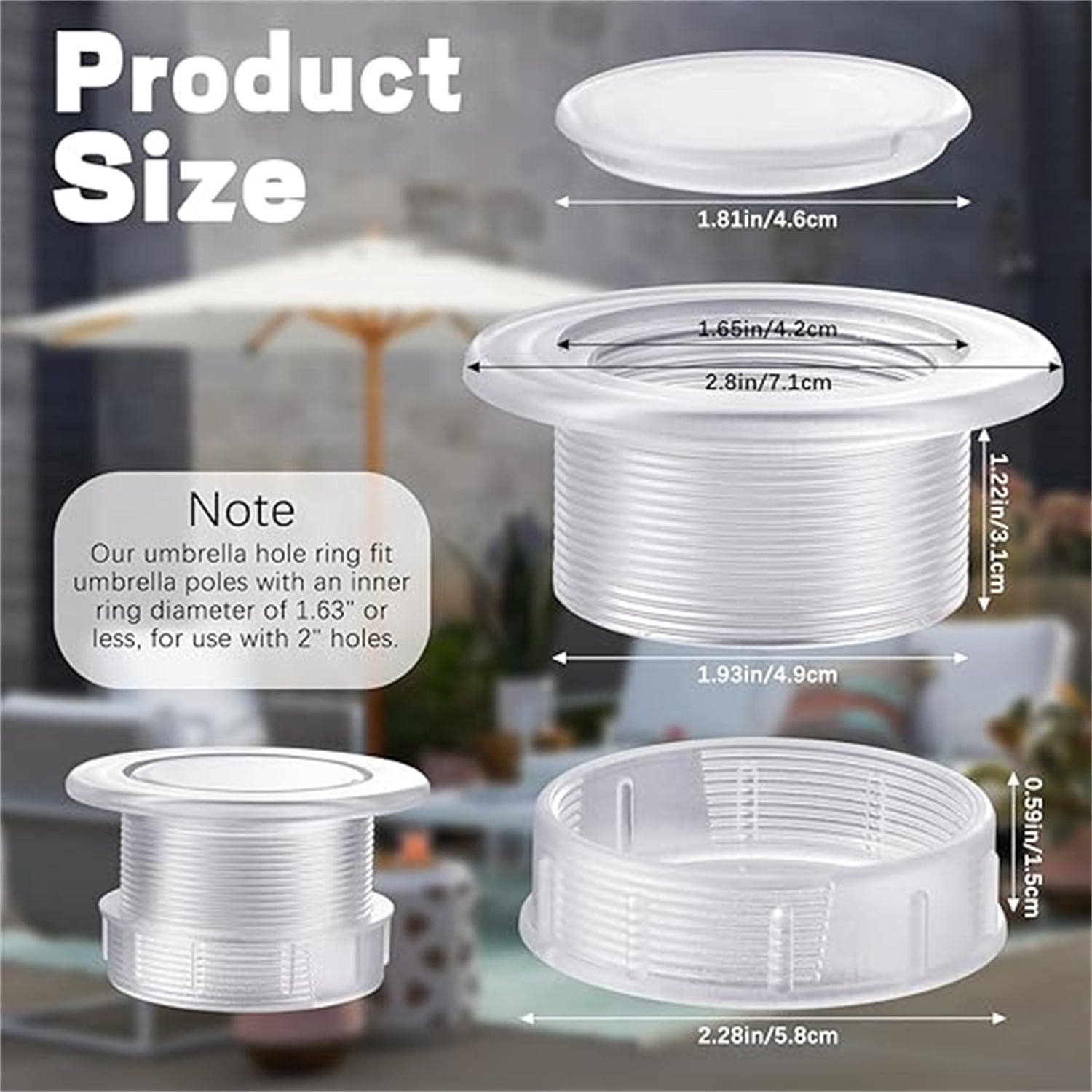 2 Sets Patio Table Umbrella Hole Ring Plug Cap Set,Bexikou Outdoor Parasol Table Hole Cover,Umbrella Pole Stabilizer Adapter for Pool Umbrella, Deck Umbrella, Patio Umbrella (Clear)