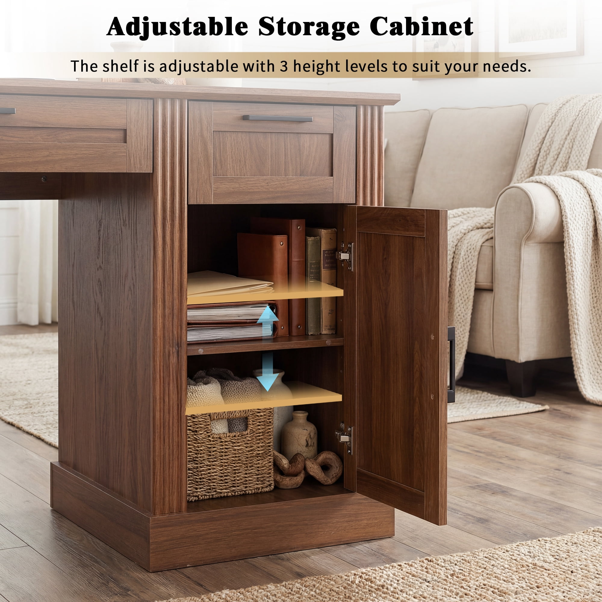 Leumius Farmhouse Office Desk with Charging Station & Storage Cabinet, Barn Door Design Home Office Study Desk with File Drawer, Monitor Stand and Keyboard Tray for Office Study Living Room Walnut