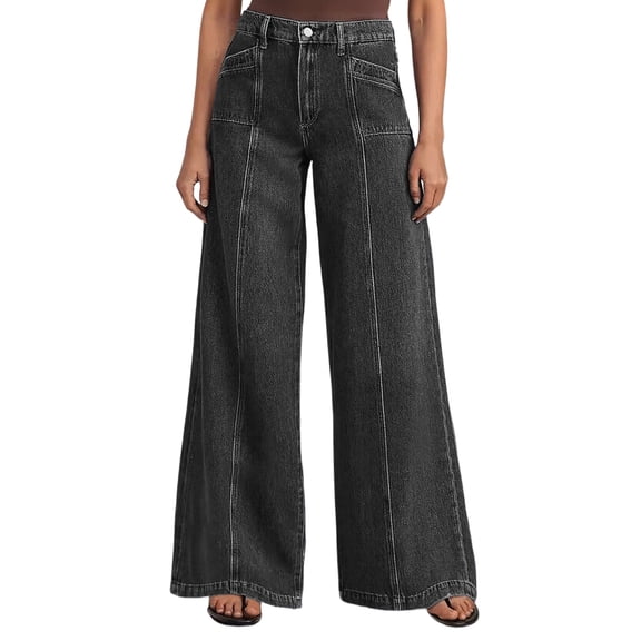 Women's High Waisted Wide Leg Jeans With Solid Color Front Denim Pants Casual Loose Pants With Functional Pockets Suitable For Daily Wear