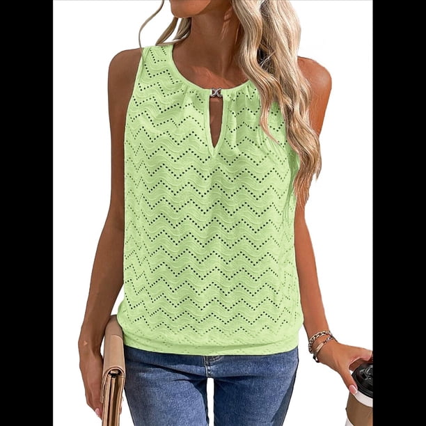 Camisola Informal con Bordado de Ojales para Mujer, Holgada, Sin Mangas, Cómoda y para Verano. Amarillo-Verde L