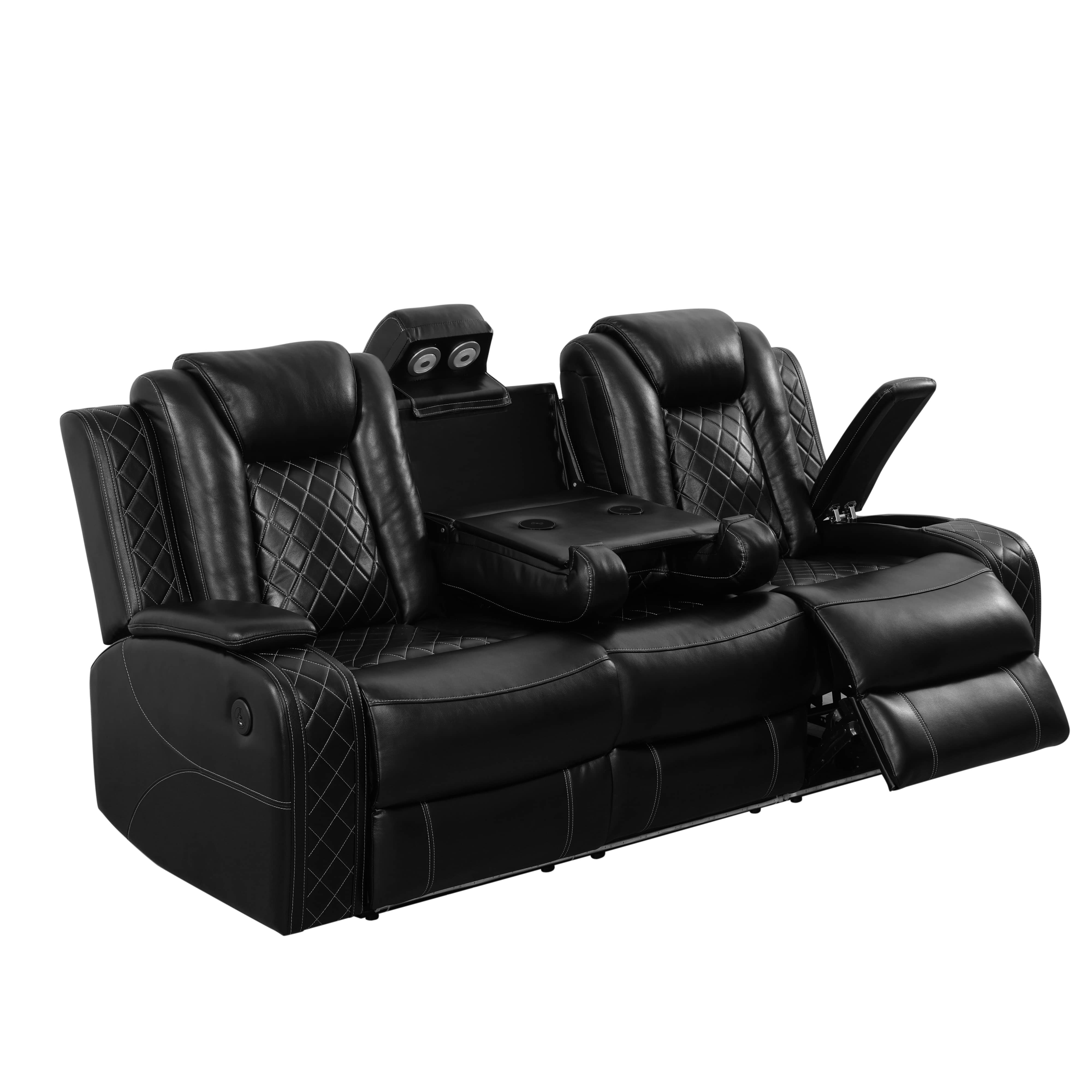 MAYEERTY Black Breathing Leather Living Room Sectional Recliner Sofa