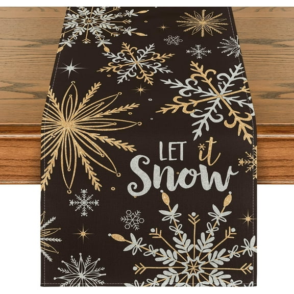 Black Snowflake Let It Snow Winter Table Runner, Seasonal Christmas Kitchen Dining Table Decoration for Home Party Decor 13x72 Inch
