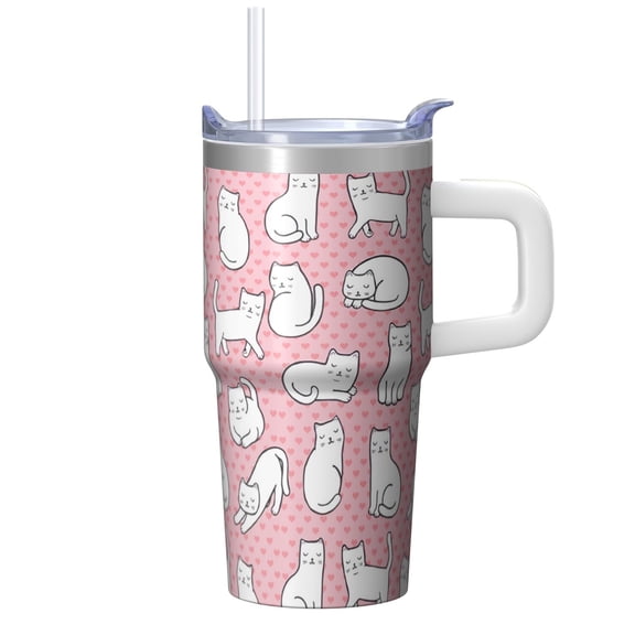 20oz Stainless Steel Cat Themed Tumbler with Handle and Straw Travel Coffee Mug for Women Ideal Birthday Christmas Gift for Cat Mom Cup Holder Friendly Splash Resistant Lid Daily Use