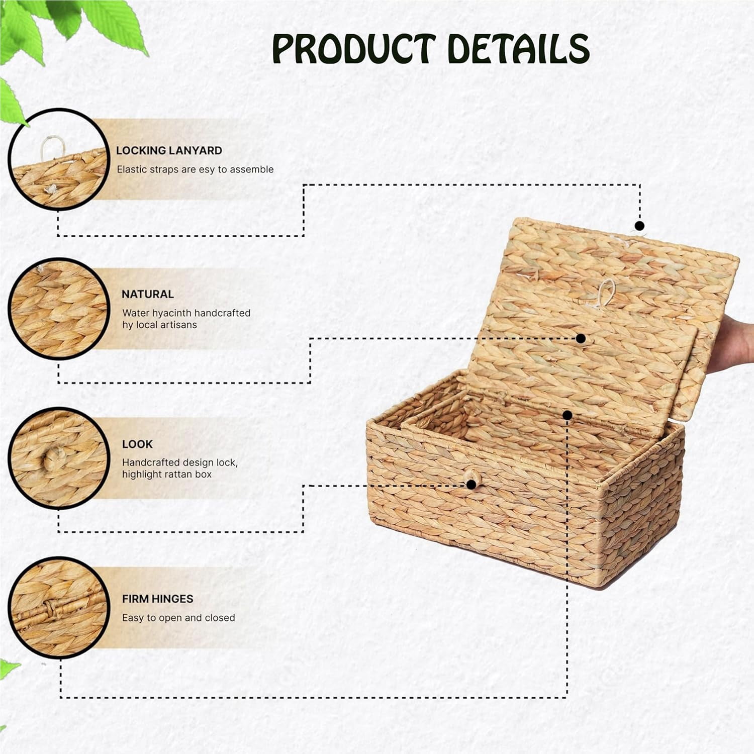 Set of 3 Large Woven Storage Baskets with Lids, Rectangular Rattan Decorative Boxes for Home Organization