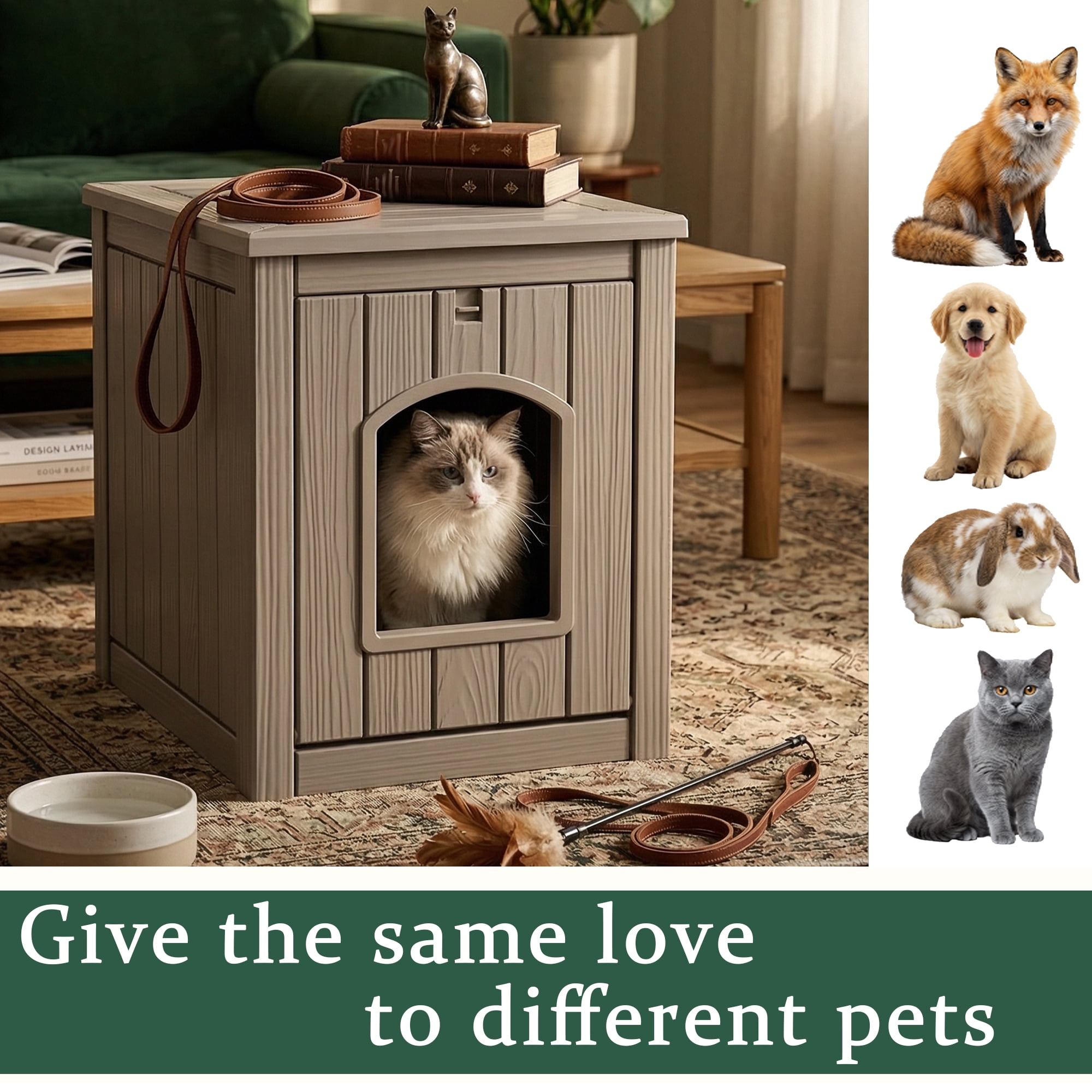 fazzn Multifunctional Cat House with Door, Indoor Outdoor Decorative Cat Shelter, Dual Use Pet House for Cat & Small Dog, Easy to Clean & Assembly.Brown/Black,Father's Day Gift