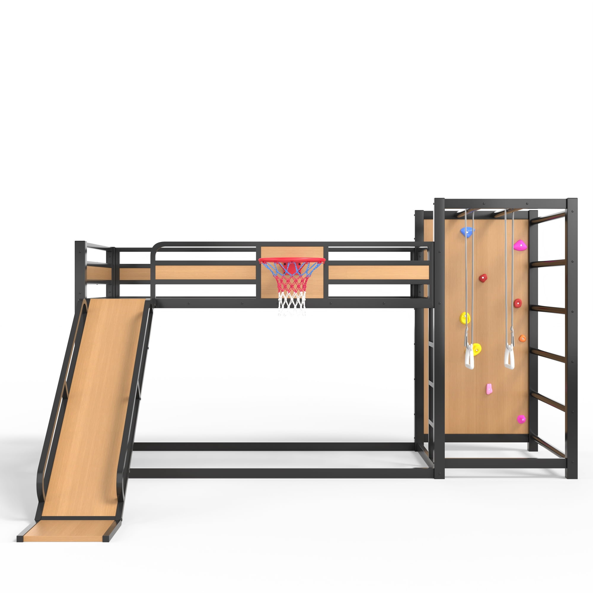 Twin XL Size Loft/Bunk Bed with Basketball Hoop, Pull-up Rings and Climbing Wall, Metal Loft Bed Frame with Slide and Bookshelves, Heavy Duty Bunk Beds with Guardrail