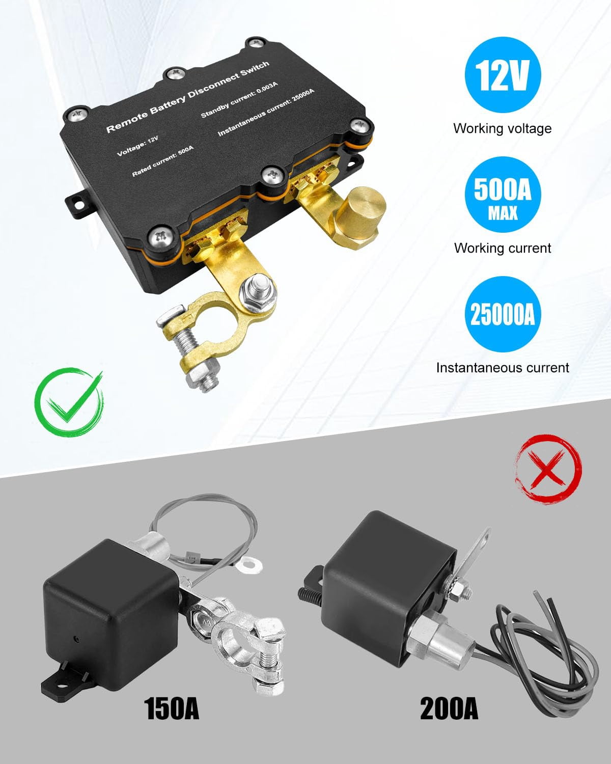 12V 500A Remote Battery Disconnect Switch, Battery Kill Switch for Car Kill Switch Anti Theft, Automatic Shut/Cut Off Switch for DC 12V Car Boat Truck RV ATV Vehicle