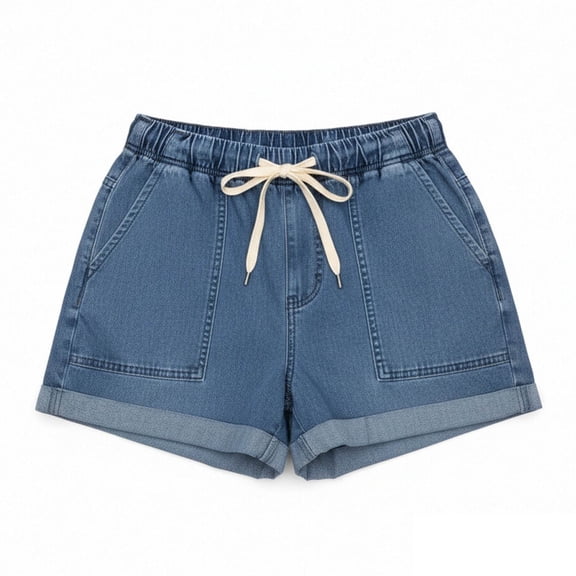 Karight Women's Elastic Waist Drawstring Denim Shorts with Rolled Cuffs Casual Summer Jean Shorts