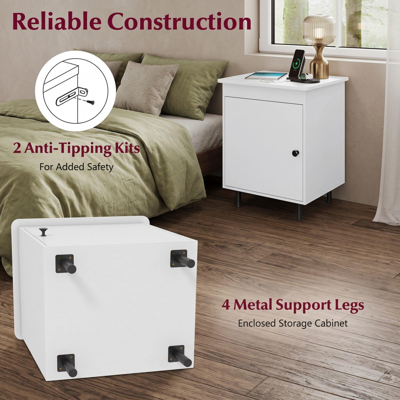 Furnibear Mid Century Nightstand with Enclosed Storage Cabinet and Open Top and Metal Legs for Bedroom and Living Room, White Bedside Table