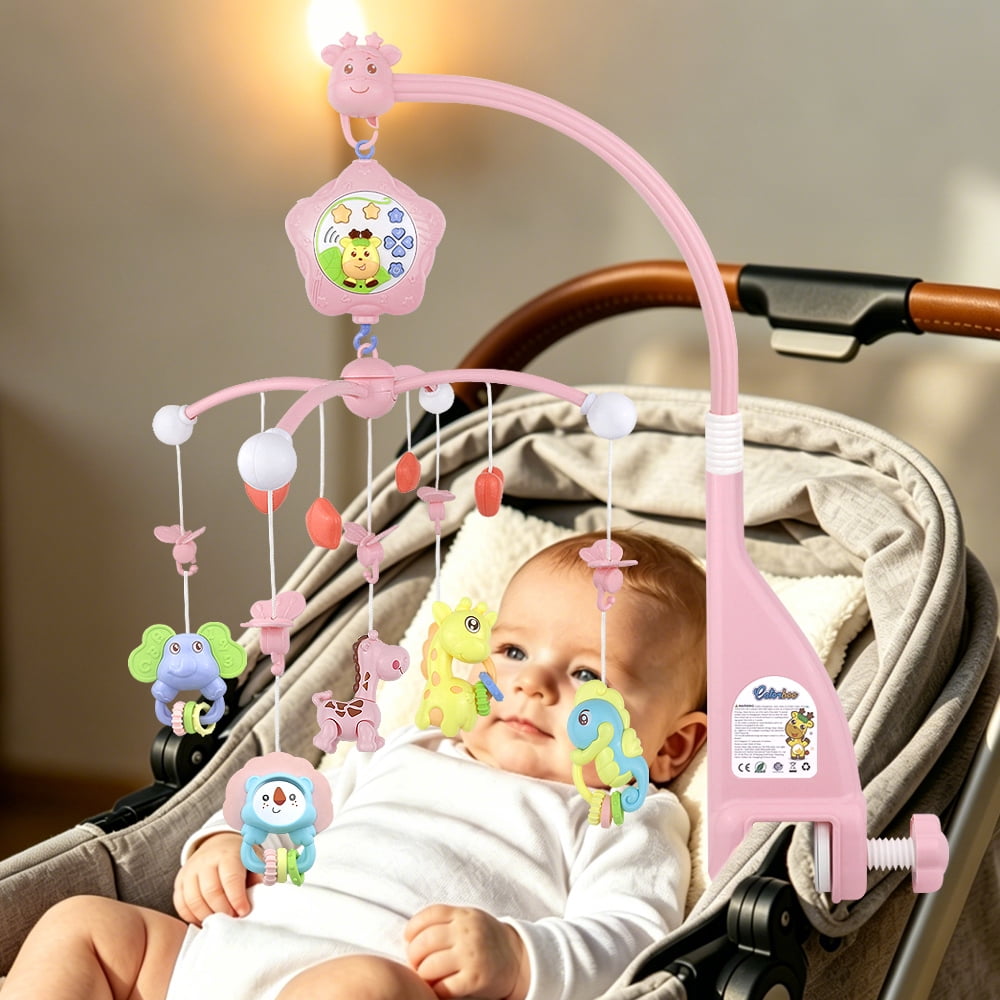 Baby Crib Mobile with Remote Control, Music, Star Planet Projector, 360° Rotation - Pink Musical Baby Mobile with Detachable Chewable Rattles & Teethers