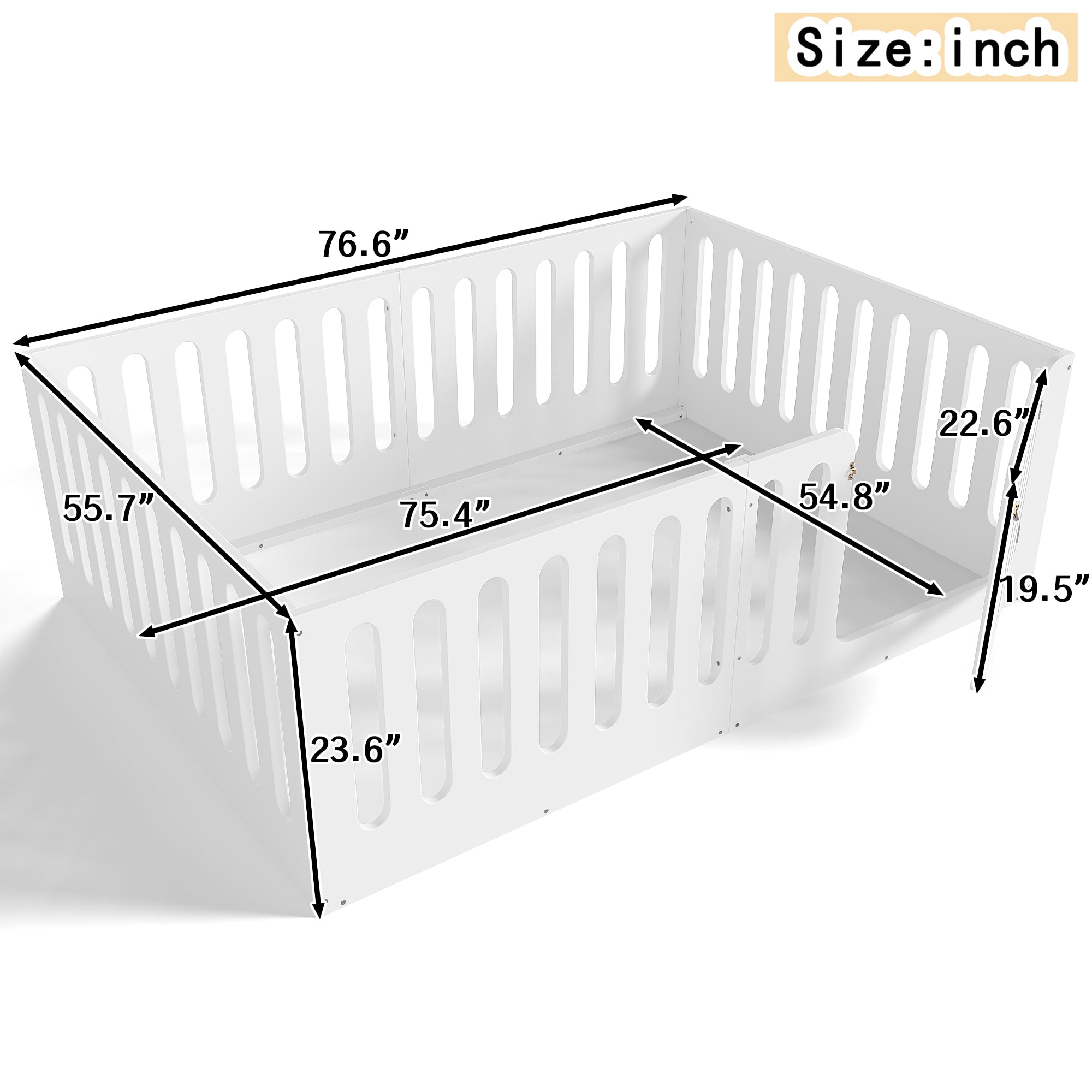 Full Size Floor Bed with High Fence for Kids, Solid Wood Kids Montessori Bed with Door, low-profile and No Box Spring Needed Design, White.(Patent Protection)