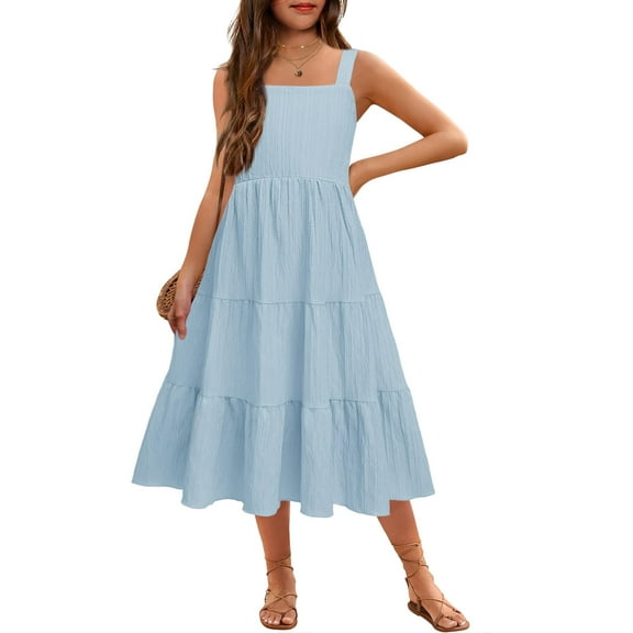 Arshiner Girls Summer Dress Boho Spaghetti Strap Square Neck Solid A Line Beach Long Dress with Pockets Light Blue 9-10 Years